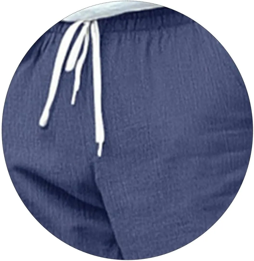 Cotton Linen Pants for Men Straight Legs Sweatpants Elastic Waist Loose Lightweight Summer Beach Outdoor Trousers