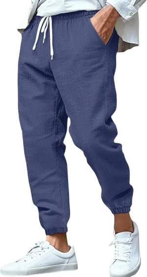 Cotton Linen Pants for Men Straight Legs Sweatpants Elastic Waist Loose Lightweight Summer Beach Outdoor Trousers