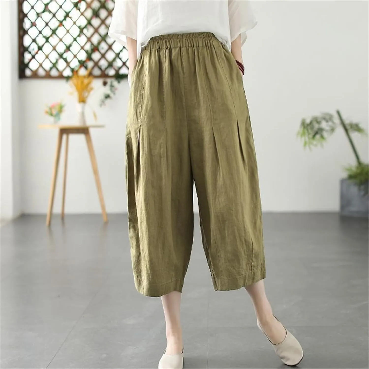 Cotton Linen Pants for Women Summer Casual Capri Pants Waist Elastic Comfy Loose Women's Palazzo Trousers with Pockets