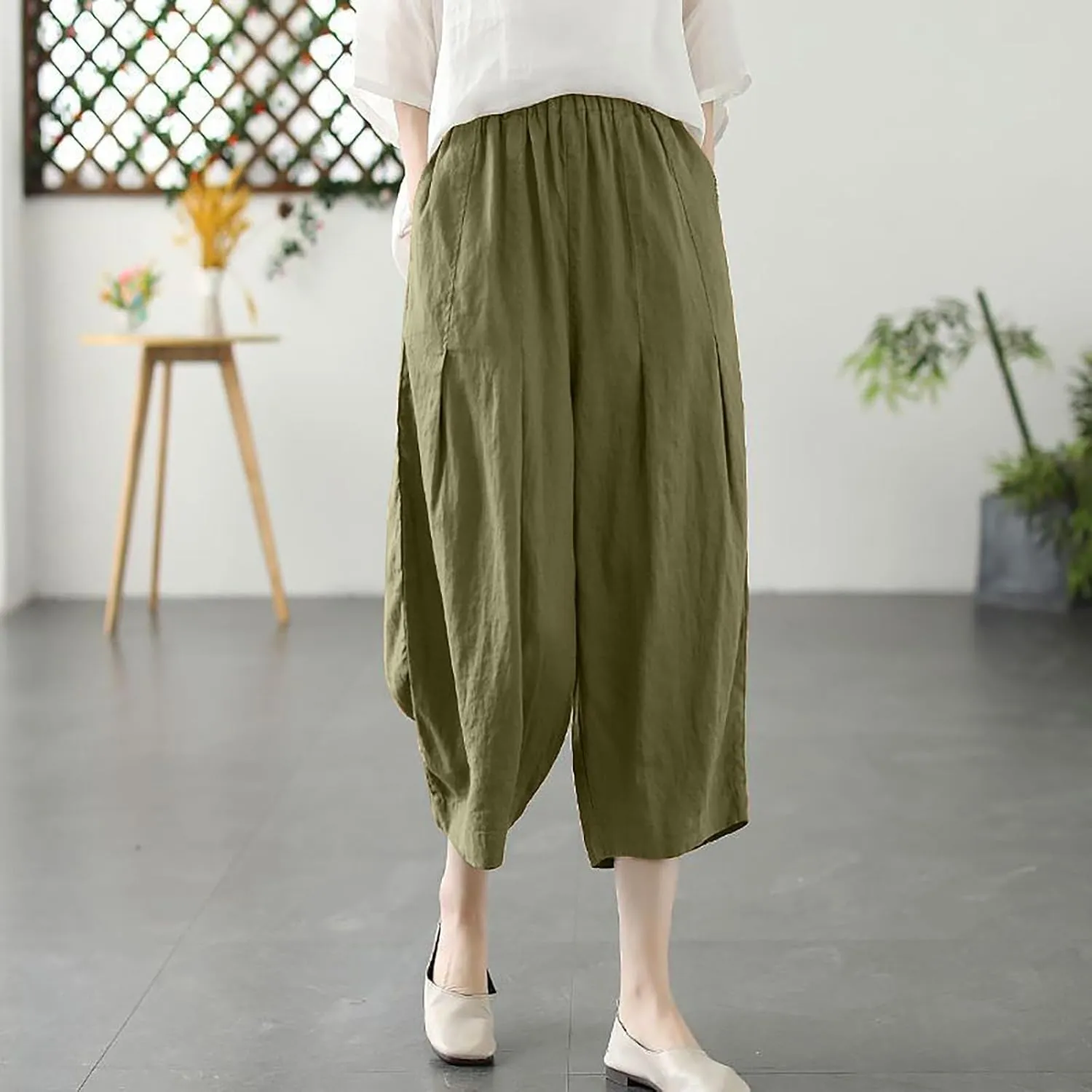 Cotton Linen Pants for Women Summer Casual Capri Pants Waist Elastic Comfy Loose Women's Palazzo Trousers with Pockets