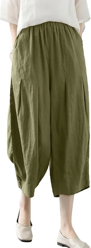 Cotton Linen Pants for Women Summer Casual Capri Pants Waist Elastic Comfy Loose Women's Palazzo Trousers with Pockets