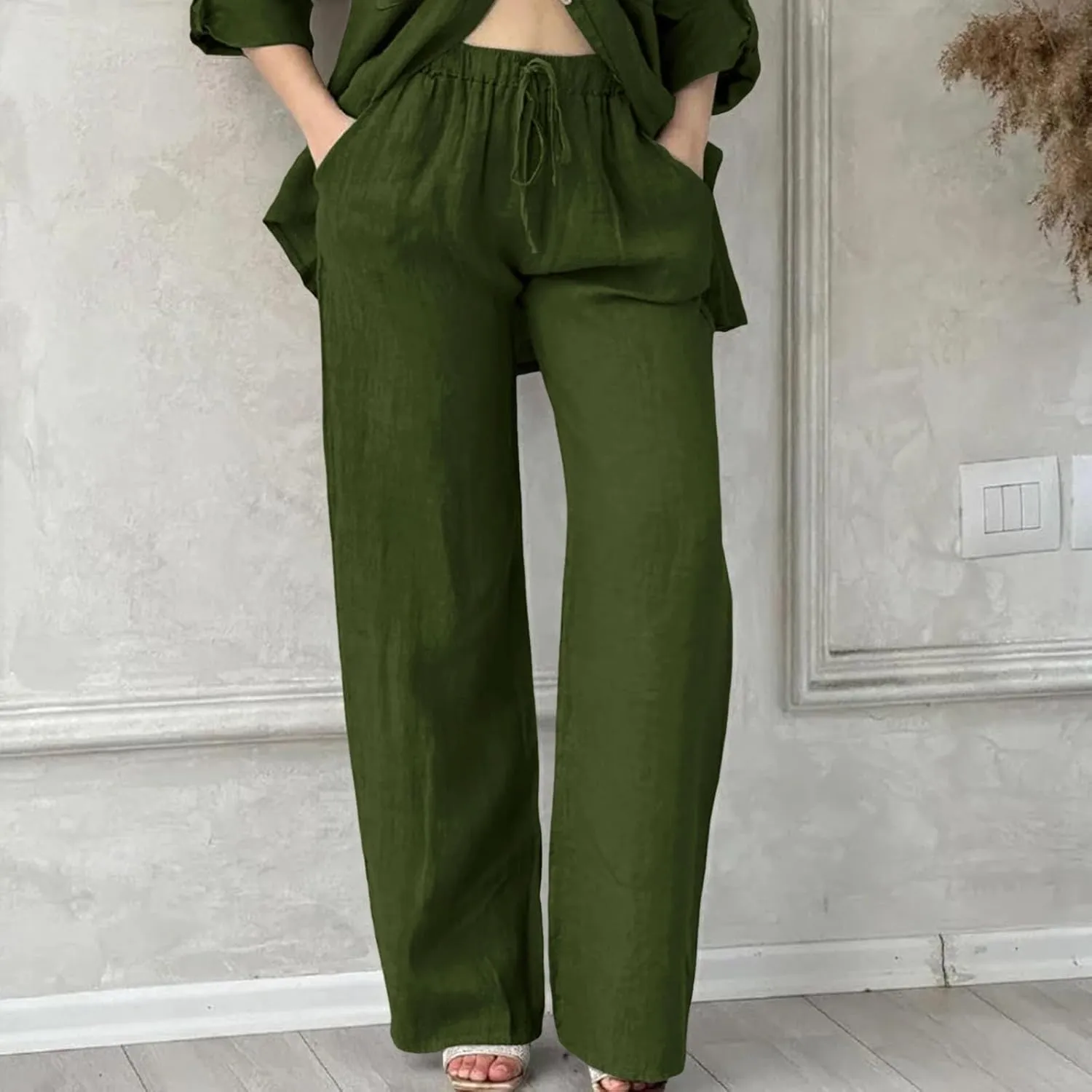 Cotton Linen Pants for Women Summer High Waist Elastic Beach Drawstring Wide Leg Cropped Trousers with Pockets