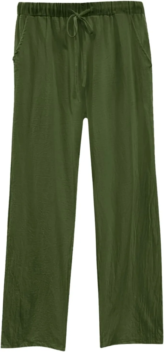 Cotton Linen Pants for Women Summer High Waist Elastic Beach Drawstring Wide Leg Cropped Trousers with Pockets