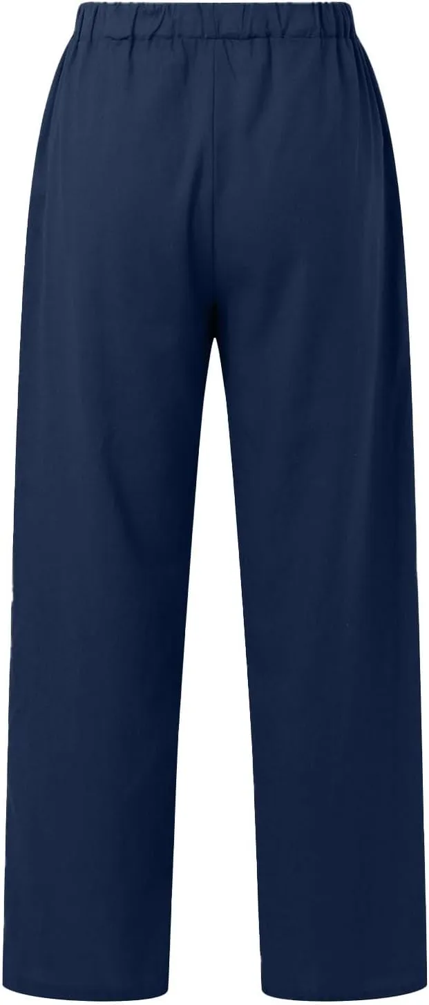 Cotton Linen Pants for Women Summer High Waist Elastic Beach Drawstring Wide Leg Cropped Trousers with Pockets
