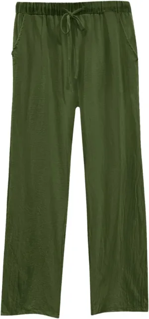 Cotton Linen Pants for Women Summer High Waist Elastic Beach Drawstring Wide Leg Cropped Trousers with Pockets