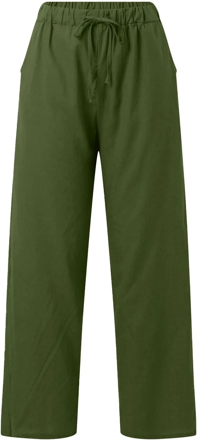 Cotton Linen Pants for Women Summer High Waist Elastic Beach Drawstring Wide Leg Cropped Trousers with Pockets