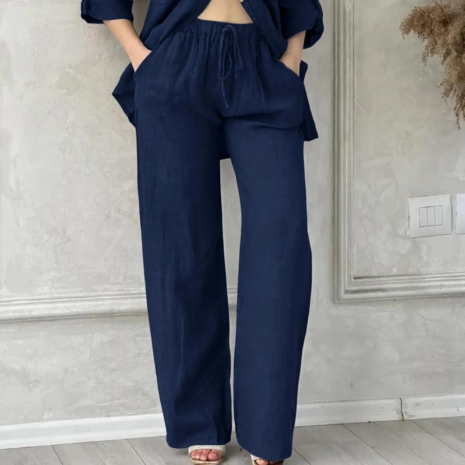 Cotton Linen Pants for Women Summer High Waist Elastic Beach Drawstring Wide Leg Cropped Trousers with Pockets