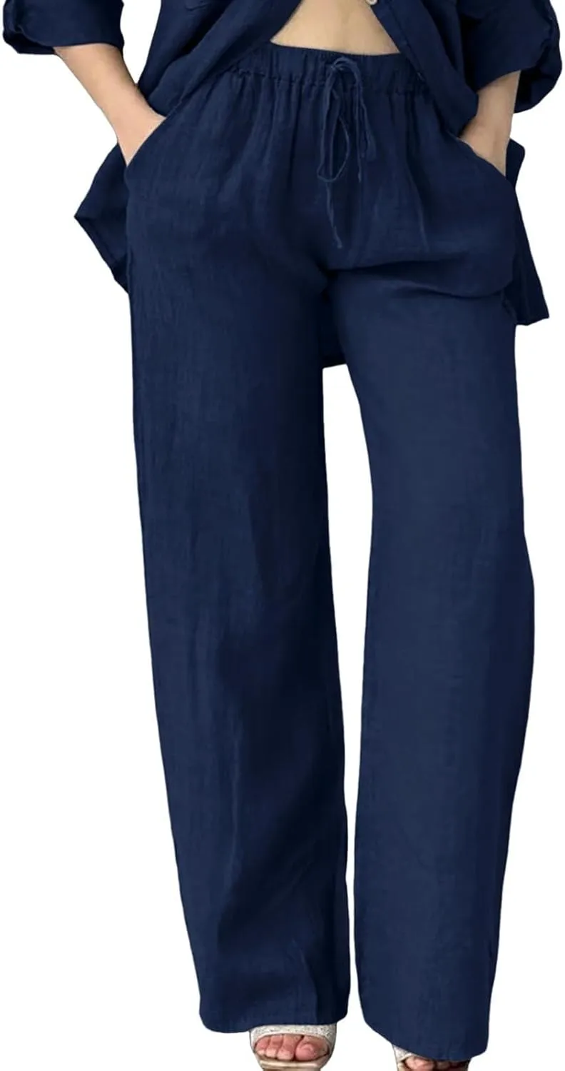 Cotton Linen Pants for Women Summer High Waist Elastic Beach Drawstring Wide Leg Cropped Trousers with Pockets
