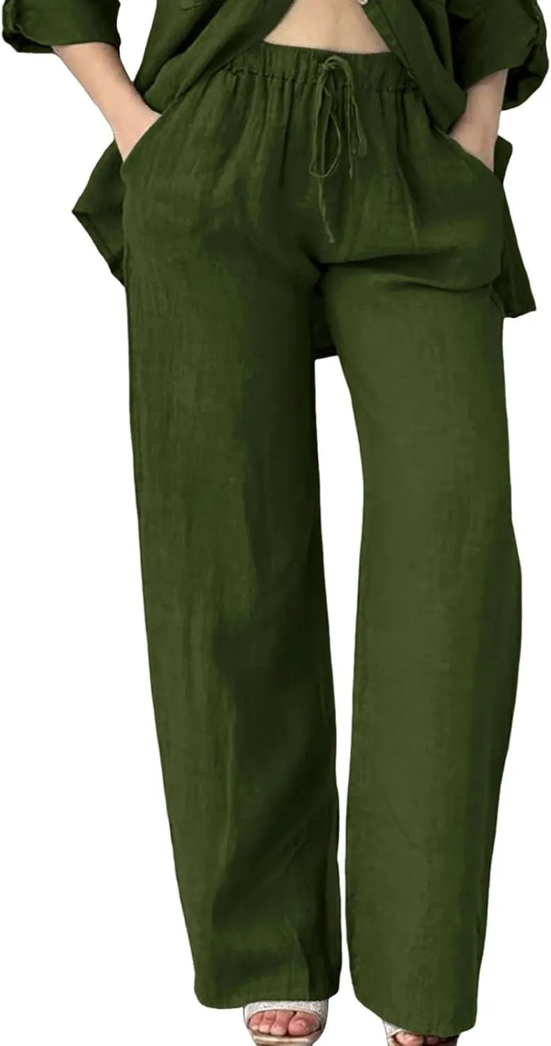Cotton Linen Pants for Women Summer High Waist Elastic Beach Drawstring Wide Leg Cropped Trousers with Pockets