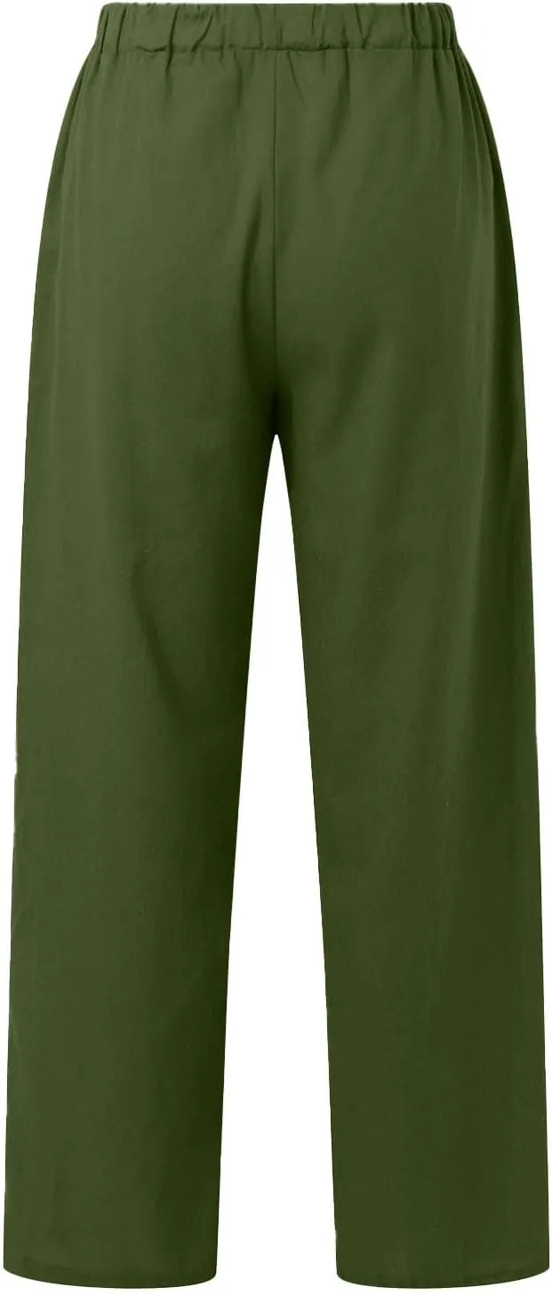 Cotton Linen Pants for Women Summer High Waist Elastic Beach Drawstring Wide Leg Cropped Trousers with Pockets