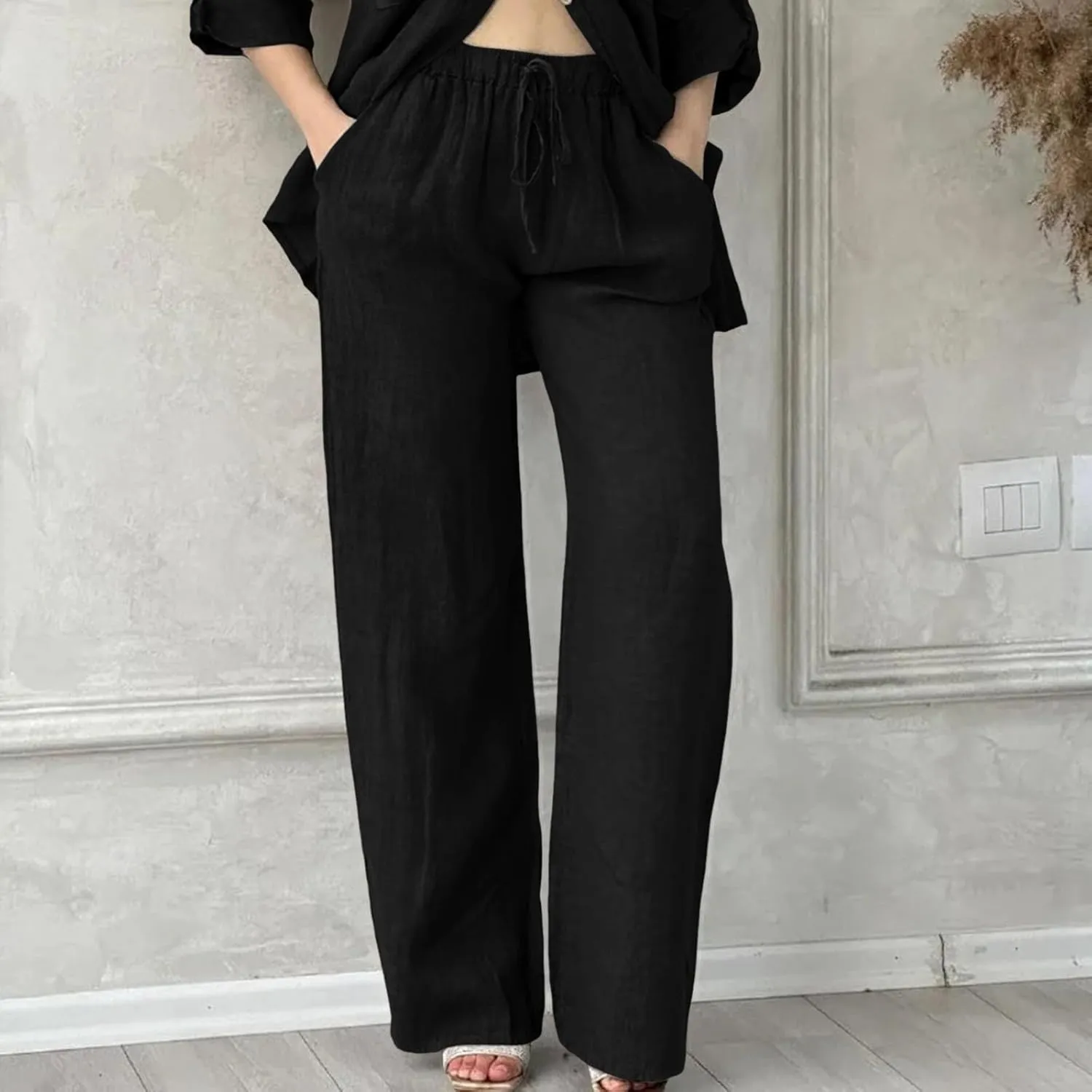 Cotton Linen Pants for Women Summer High Waist Elastic Beach Drawstring Wide Leg Cropped Trousers with Pockets