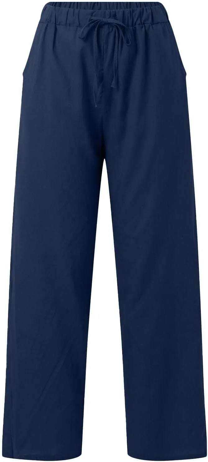 Cotton Linen Pants for Women Summer High Waist Elastic Beach Drawstring Wide Leg Cropped Trousers with Pockets
