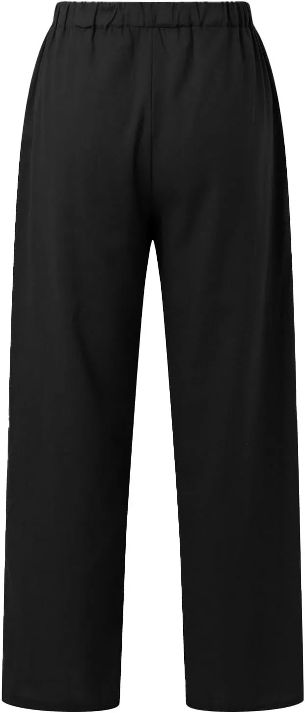 Cotton Linen Pants for Women Summer High Waist Elastic Beach Drawstring Wide Leg Cropped Trousers with Pockets