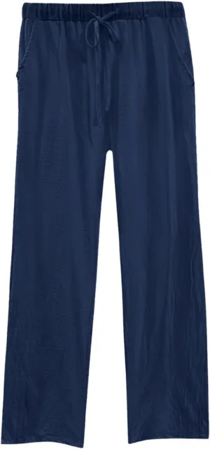Cotton Linen Pants for Women Summer High Waist Elastic Beach Drawstring Wide Leg Cropped Trousers with Pockets