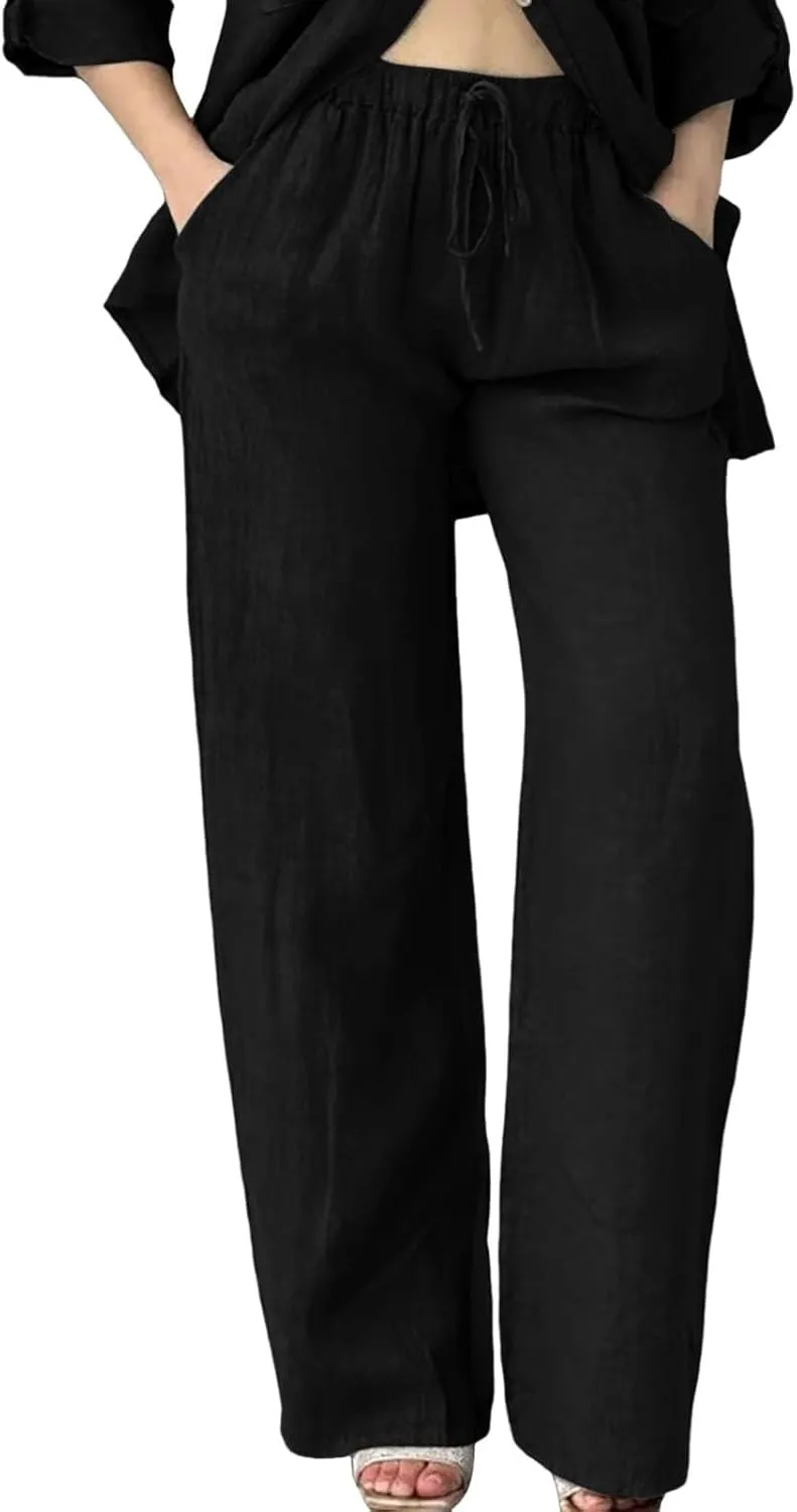 Cotton Linen Pants for Women Summer High Waist Elastic Beach Drawstring Wide Leg Cropped Trousers with Pockets