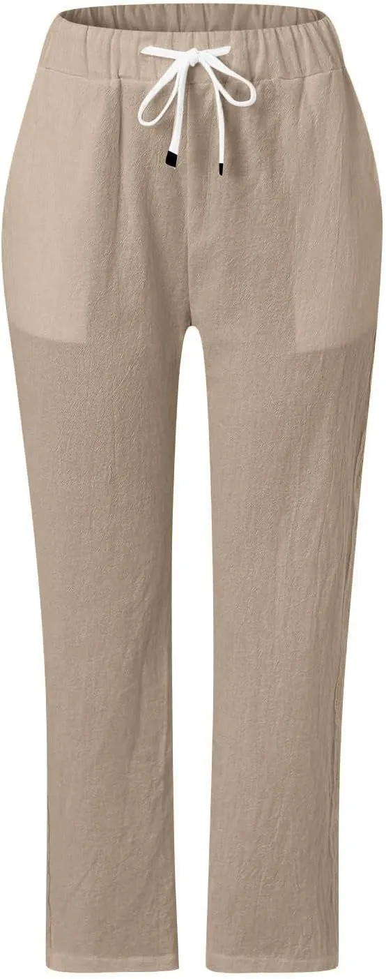 Cotton Linen Pants for Women Summer Wide Leg Elastic Straight Leg Lounge Pant Drawstring Lightweight Beach Trousers