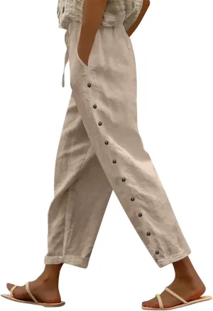 Cotton Linen Pants for Women Summer Wide Leg Elastic Straight Leg Lounge Pant Drawstring Lightweight Beach Trousers