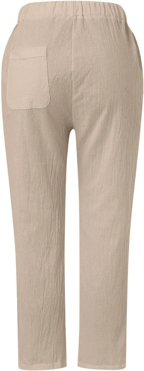 Cotton Linen Pants for Women Summer Wide Leg Elastic Straight Leg Lounge Pant Drawstring Lightweight Beach Trousers
