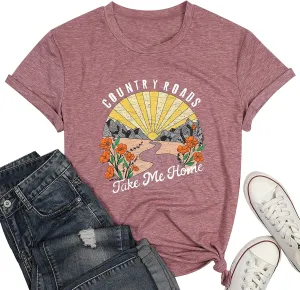 Country Music Shirts for Women Country Roads Take Me Home Shirt Vintage Western Short Sleeve Tees Top