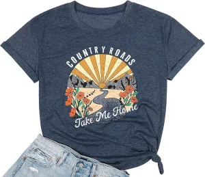 Country Music Shirts for Women Country Roads Take Me Home Shirt Vintage Western Short Sleeve Tees Top