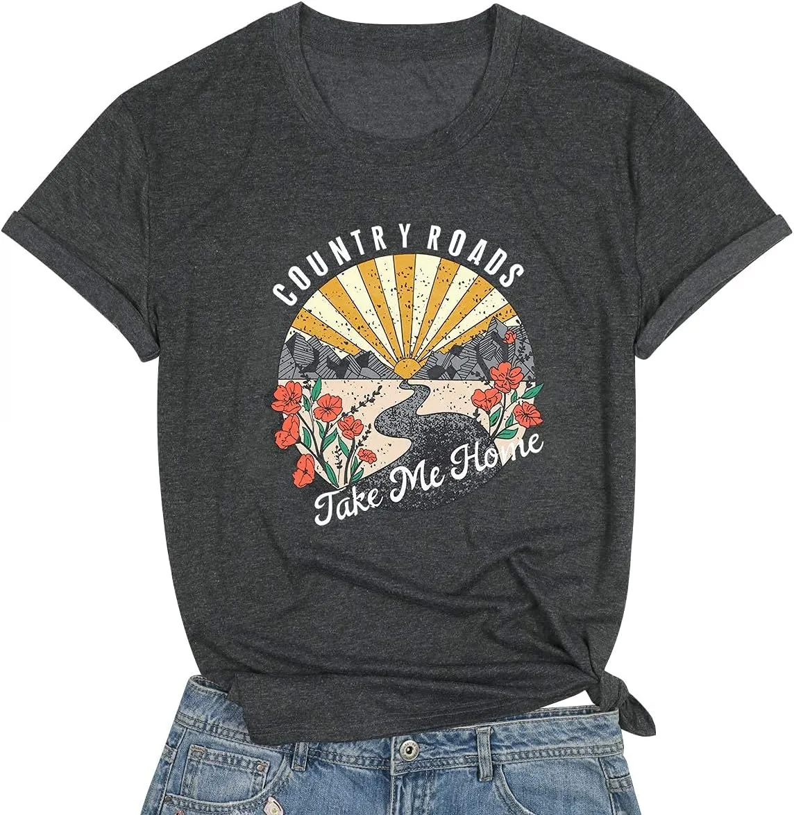 Country Music Shirts for Women Country Roads Take Me Home Shirt Vintage Western Short Sleeve Tees Top