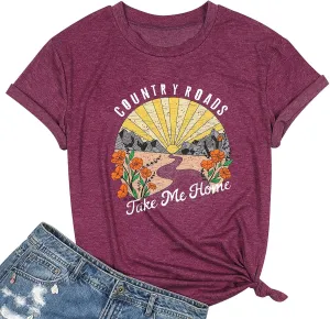 Country Music Shirts for Women Country Roads Take Me Home Shirt Vintage Western Short Sleeve Tees Top