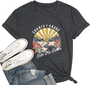 Country Music Shirts for Women Country Roads Take Me Home Shirt Vintage Western Short Sleeve Tees Top