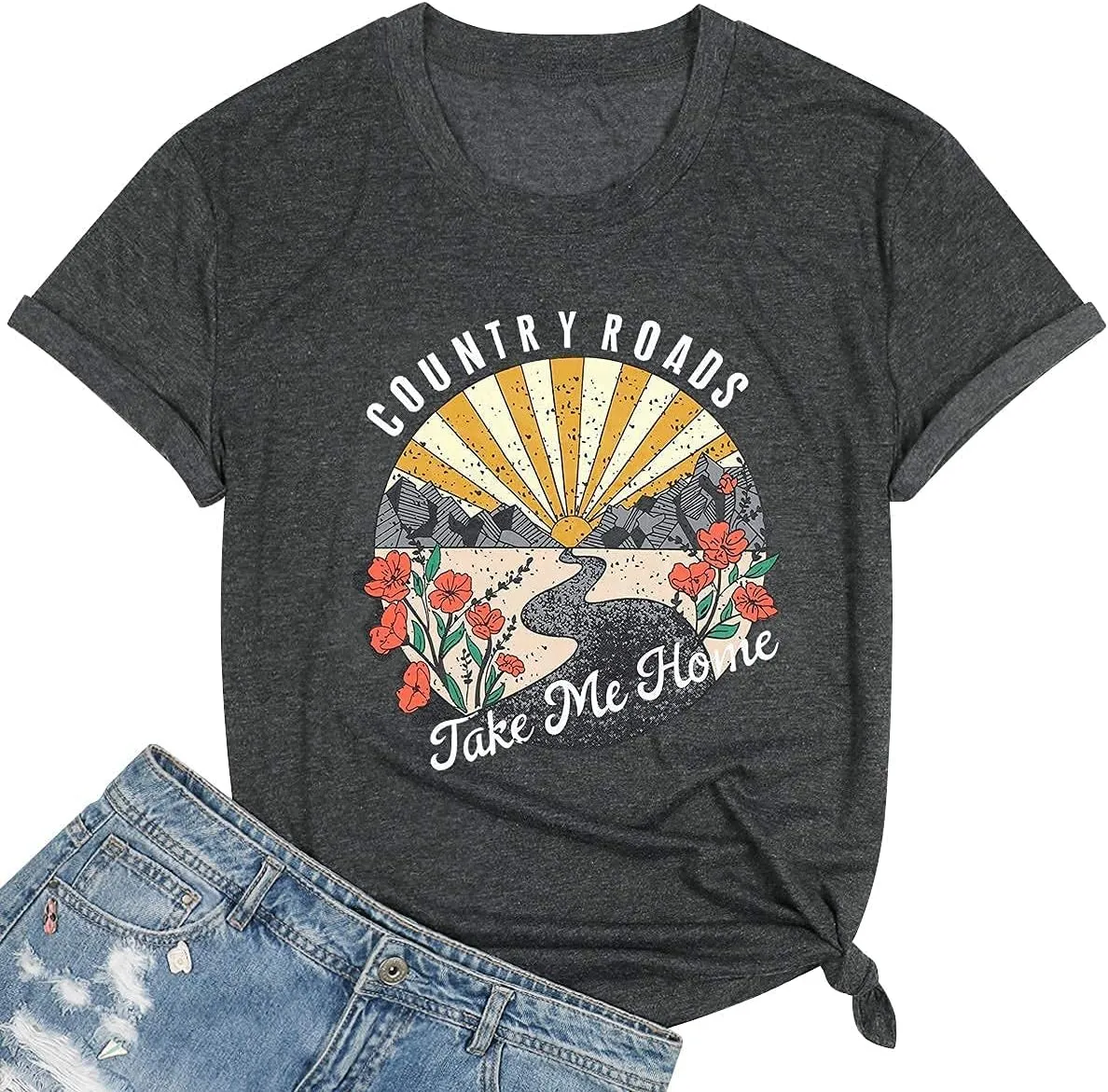 Country Music Shirts for Women Country Roads Take Me Home Shirt Vintage Western Short Sleeve Tees Top