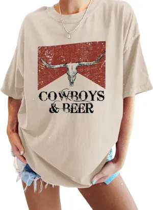 Cowboy Beer Shirts for Women Oversized Western Rodeo Shirt Cowgirl Vintage Cow Skull Graphic Tees Country Music Tops