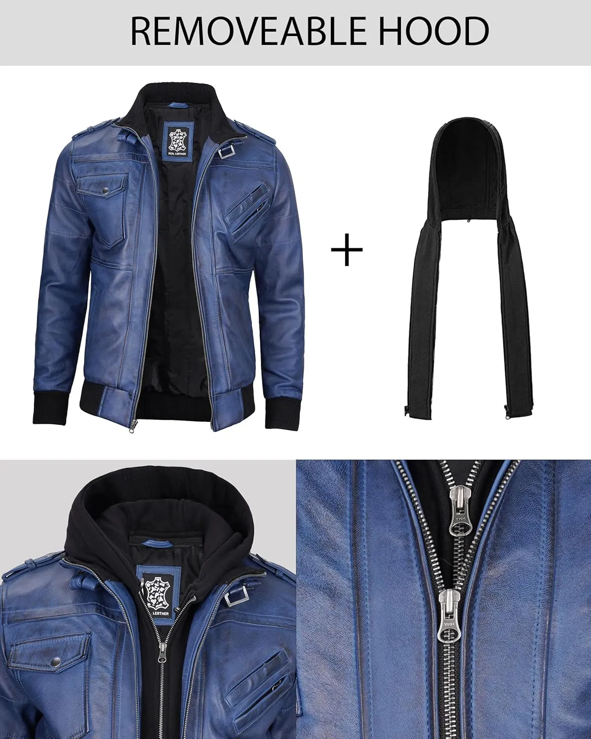 Decrum Hooded Leather Jacket Men - Casual Detachable Hood Leather Jackets for Men