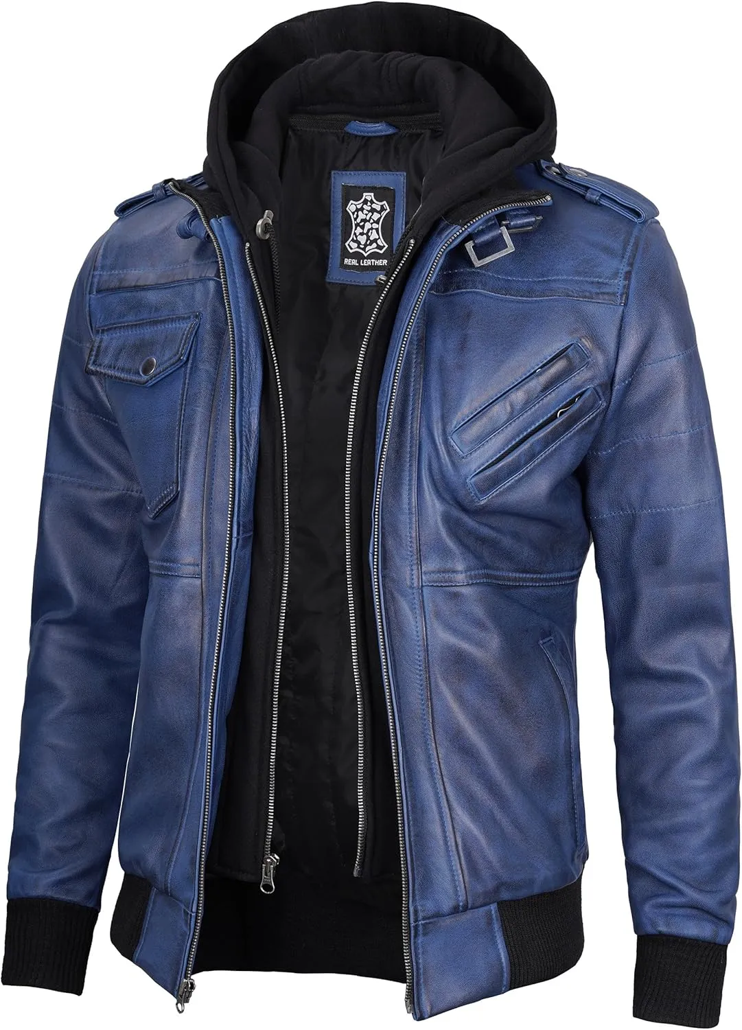 Decrum Hooded Leather Jacket Men - Casual Detachable Hood Leather Jackets for Men