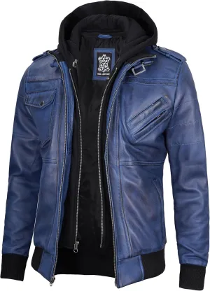 Decrum Hooded Leather Jacket Men - Casual Detachable Hood Leather Jackets for Men