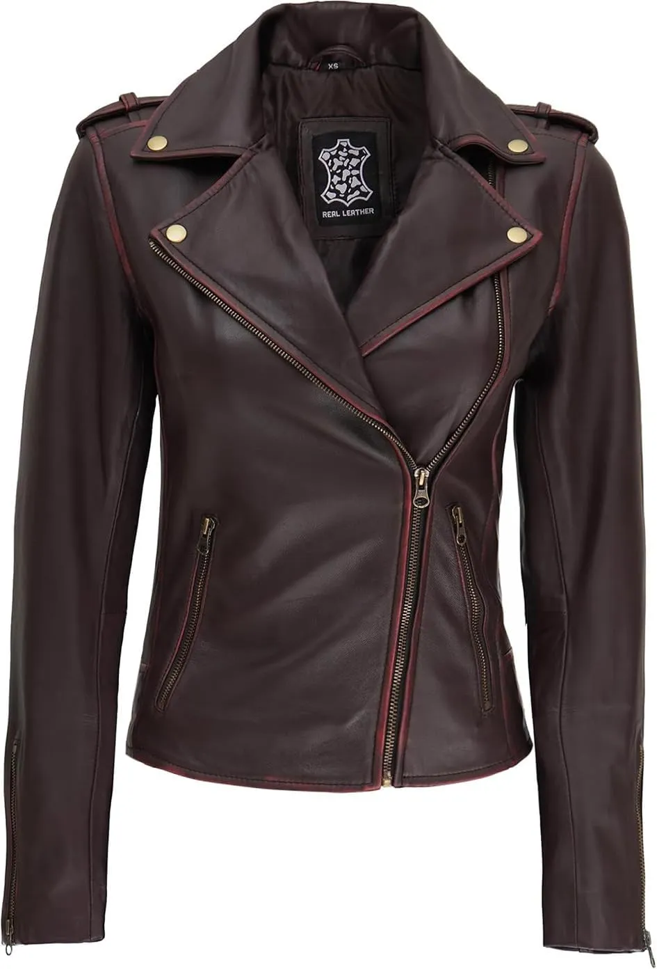 Decrum Leather Jacket Women - Real Lambskin Asymmetrical Style Casual Fashion Leather Jackets For Womens