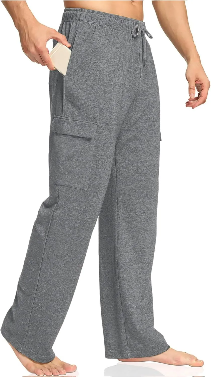 Deyeek Men's Cargo Sweatpants Open Bottom Baggy Sweat Pants for Mens Straight Leg Gym Cargo Sweats Lounge Pants with Pockets