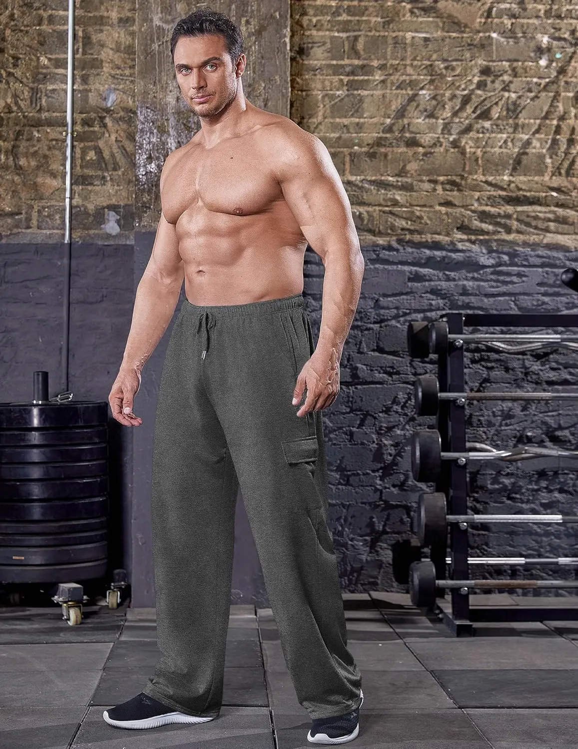 Deyeek Men's Cargo Sweatpants Open Bottom Baggy Sweat Pants for Mens Straight Leg Gym Cargo Sweats Lounge Pants with Pockets