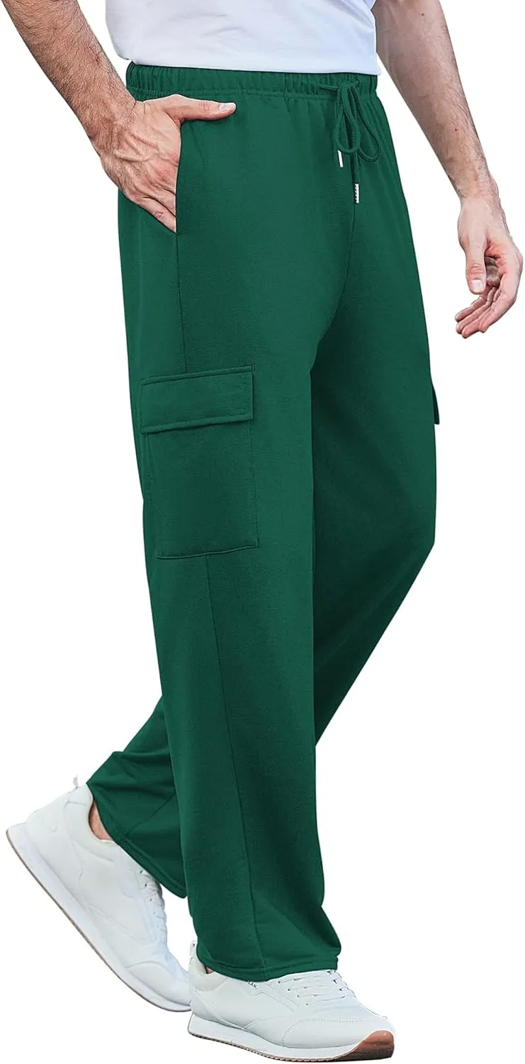 Deyeek Men's Cargo Sweatpants Open Bottom Baggy Sweat Pants for Mens Straight Leg Gym Cargo Sweats Lounge Pants with Pockets