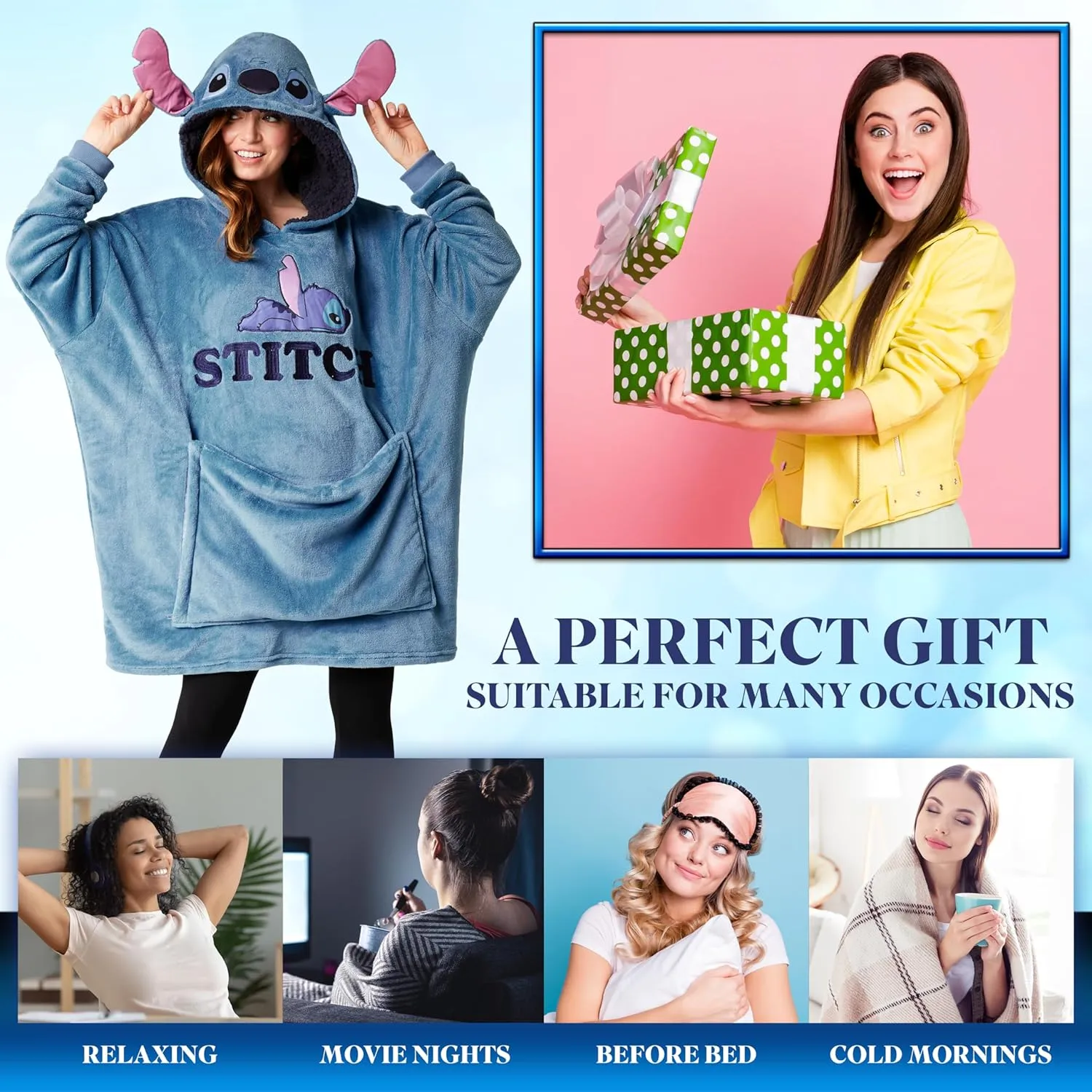 Disney Stitch Blanket Hoodie - Adults 2 in 1 Oversized Fleece Hoodie Baby Yoda Minnie Mouse - Stitch Gifts