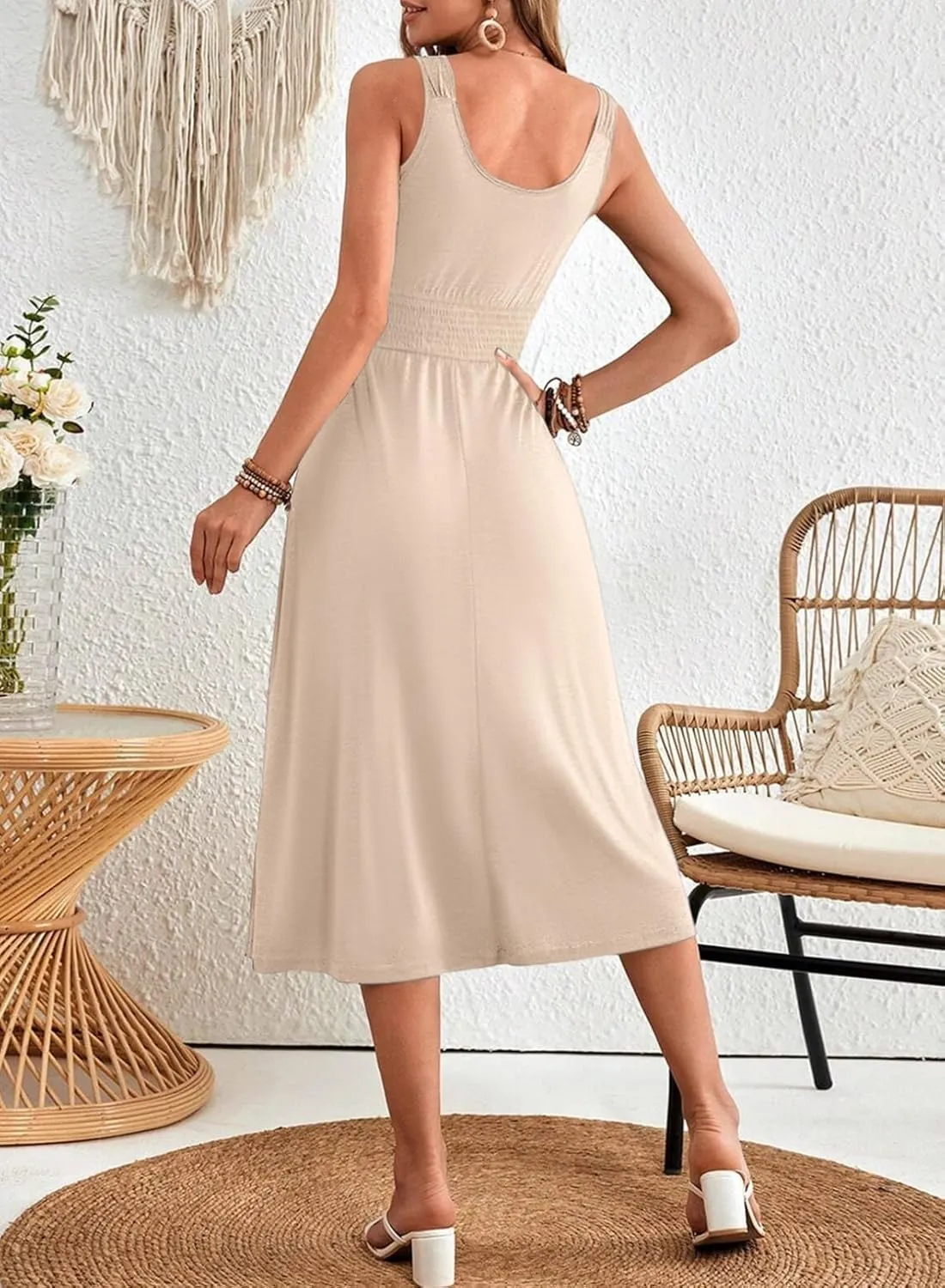 Dokotoo Womens Summer Dresses 2025 Sleeveless Button Down Smocked Empire Waist Casual A-Line Swing Midi Dress Sundress