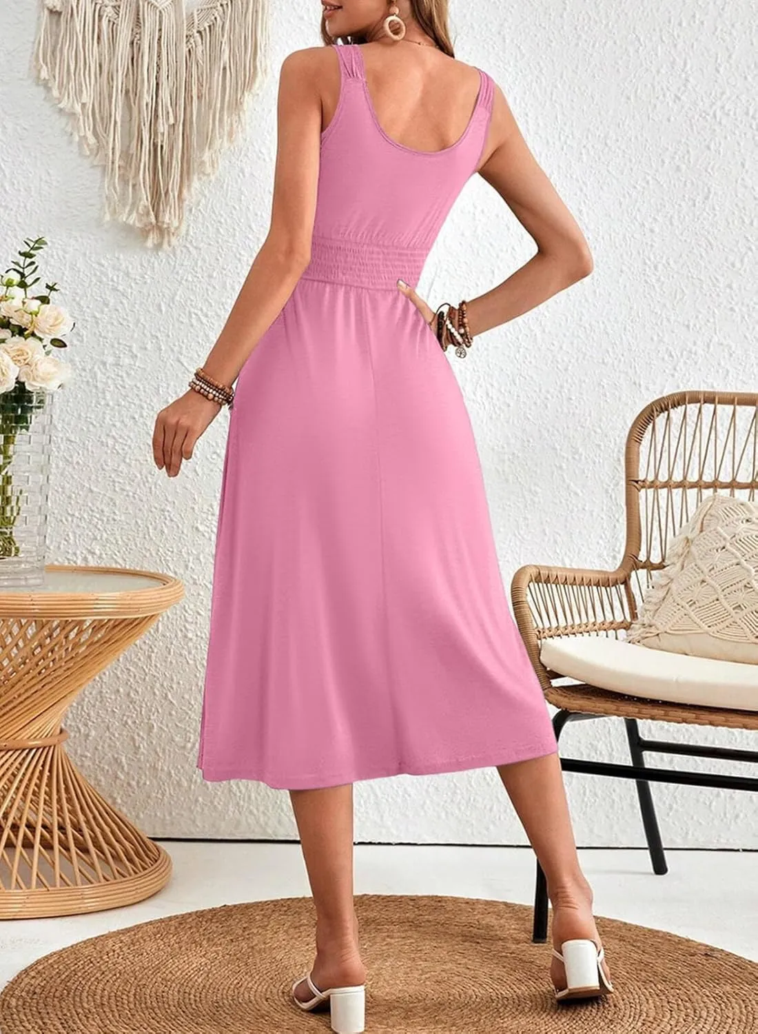 Dokotoo Womens Summer Dresses 2025 Sleeveless Button Down Smocked Empire Waist Casual A-Line Swing Midi Dress Sundress