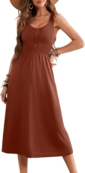 Dokotoo Womens Summer Dresses 2025 Sleeveless Button Down Smocked Empire Waist Casual A-Line Swing Midi Dress Sundress