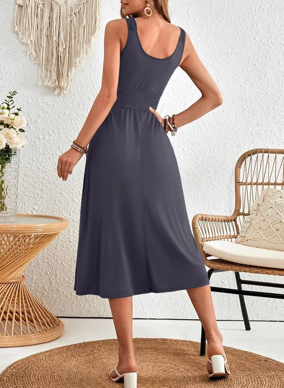Dokotoo Womens Summer Dresses 2025 Sleeveless Button Down Smocked Empire Waist Casual A-Line Swing Midi Dress Sundress