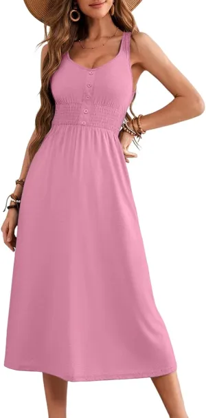 Dokotoo Womens Summer Dresses 2025 Sleeveless Button Down Smocked Empire Waist Casual A-Line Swing Midi Dress Sundress