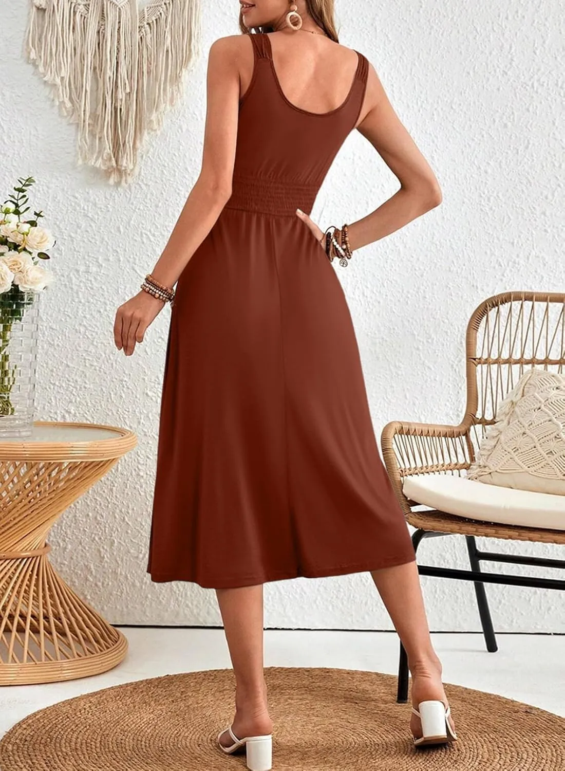 Dokotoo Womens Summer Dresses 2025 Sleeveless Button Down Smocked Empire Waist Casual A-Line Swing Midi Dress Sundress