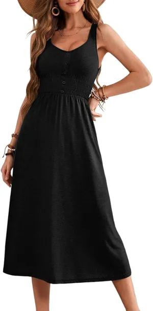 Dokotoo Womens Summer Dresses 2025 Sleeveless Button Down Smocked Empire Waist Casual A-Line Swing Midi Dress Sundress