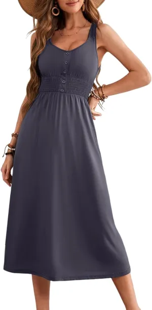 Dokotoo Womens Summer Dresses 2025 Sleeveless Button Down Smocked Empire Waist Casual A-Line Swing Midi Dress Sundress