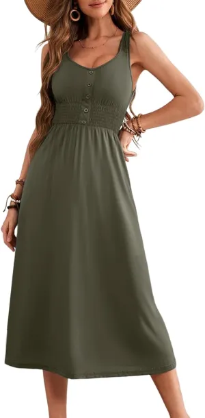 Dokotoo Womens Summer Dresses 2025 Sleeveless Button Down Smocked Empire Waist Casual A-Line Swing Midi Dress Sundress