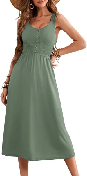 Dokotoo Womens Summer Dresses 2025 Sleeveless Button Down Smocked Empire Waist Casual A-Line Swing Midi Dress Sundress
