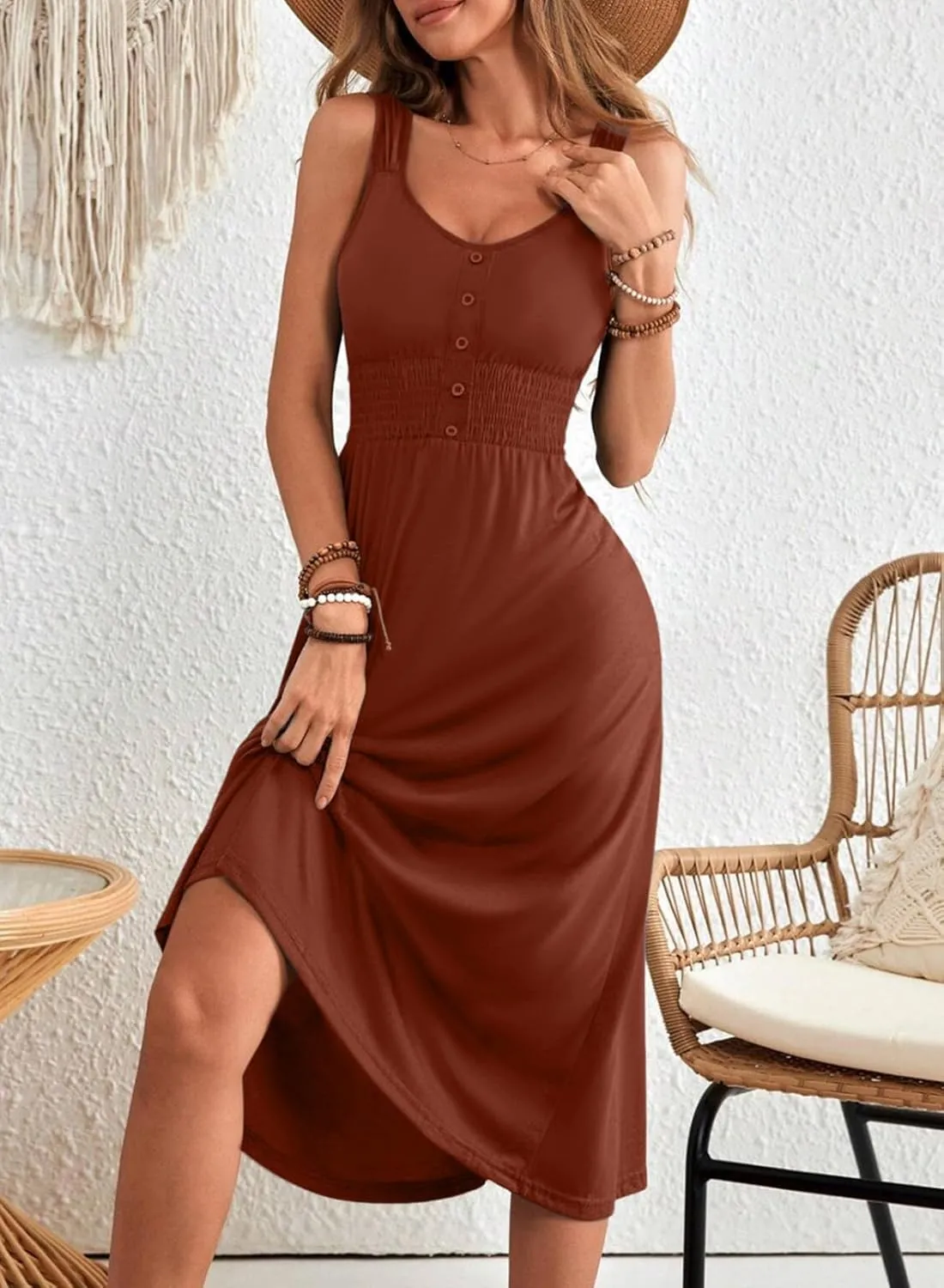 Dokotoo Womens Summer Dresses 2025 Sleeveless Button Down Smocked Empire Waist Casual A-Line Swing Midi Dress Sundress