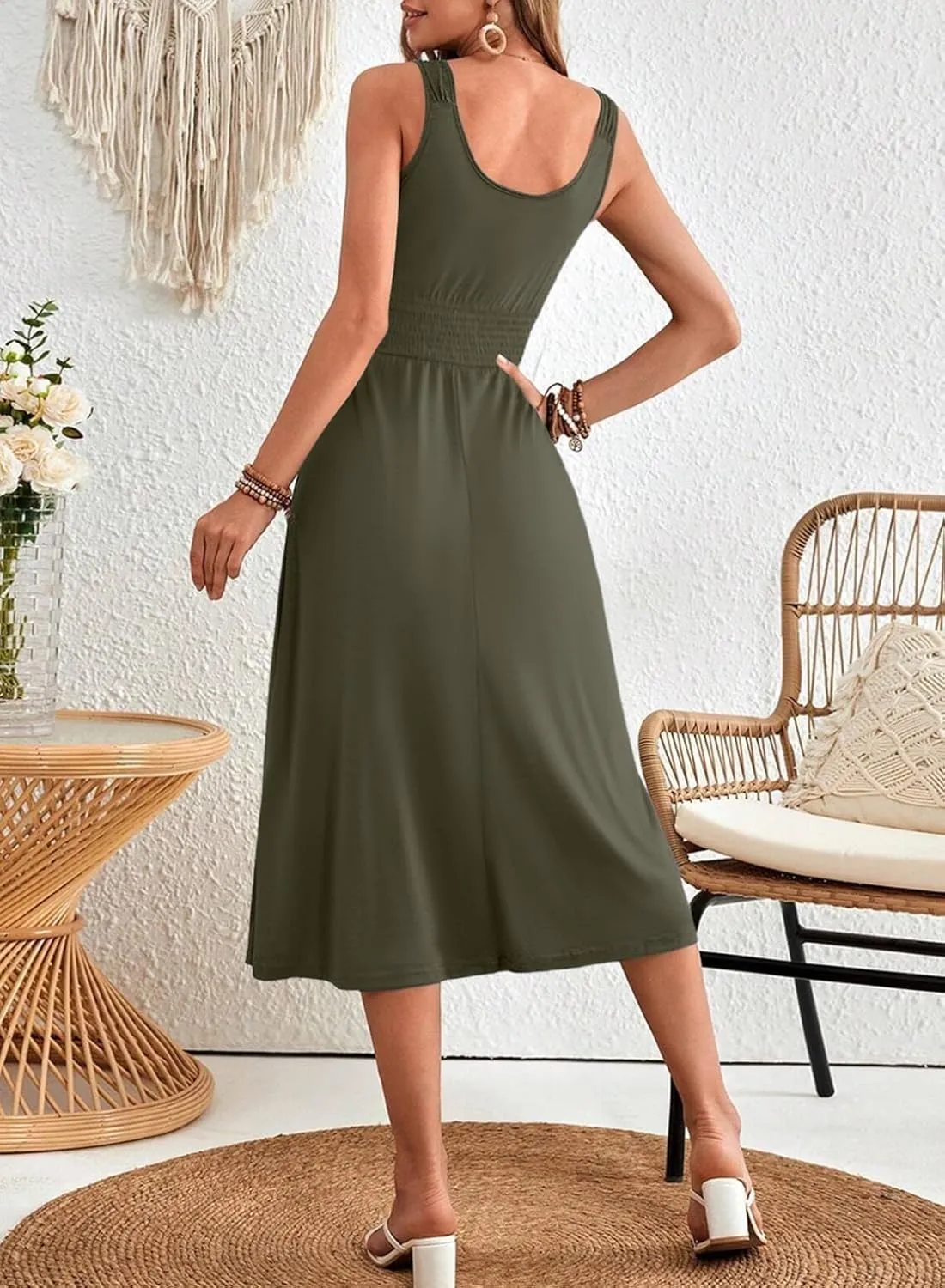 Dokotoo Womens Summer Dresses 2025 Sleeveless Button Down Smocked Empire Waist Casual A-Line Swing Midi Dress Sundress