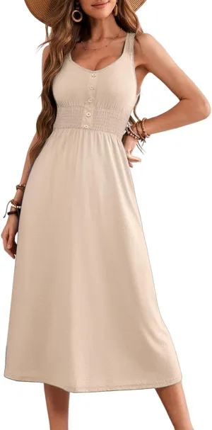 Dokotoo Womens Summer Dresses 2025 Sleeveless Button Down Smocked Empire Waist Casual A-Line Swing Midi Dress Sundress